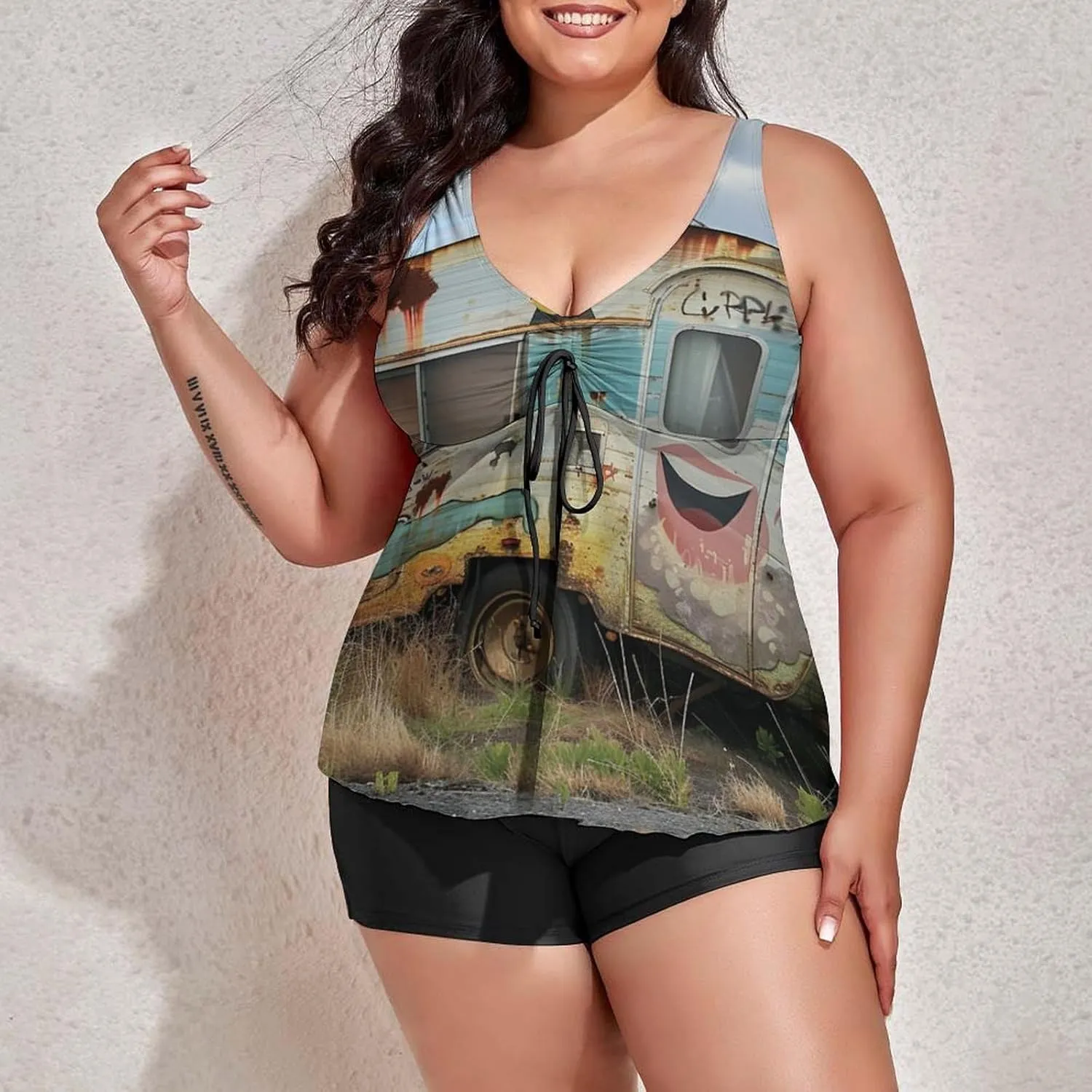 Women's Plus Size Tankini Swimsuits with Top/Boyshorts Camping Trailer Happy Campers Women's 2 Pieces Swimwear Tummy Control