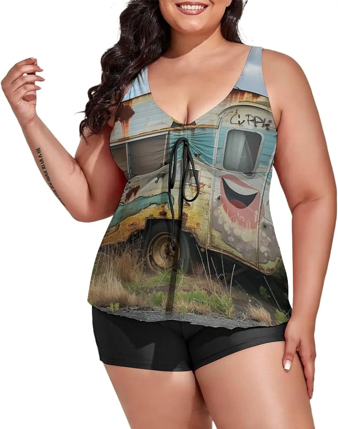 Women's Plus Size Tankini Swimsuits with Top/Boyshorts Camping Trailer Happy Campers Women's 2 Pieces Swimwear Tummy Control