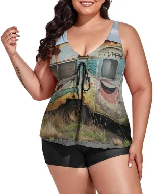 Women's Plus Size Tankini Swimsuits with Top/Boyshorts Camping Trailer Happy Campers Women's 2 Pieces Swimwear Tummy Control