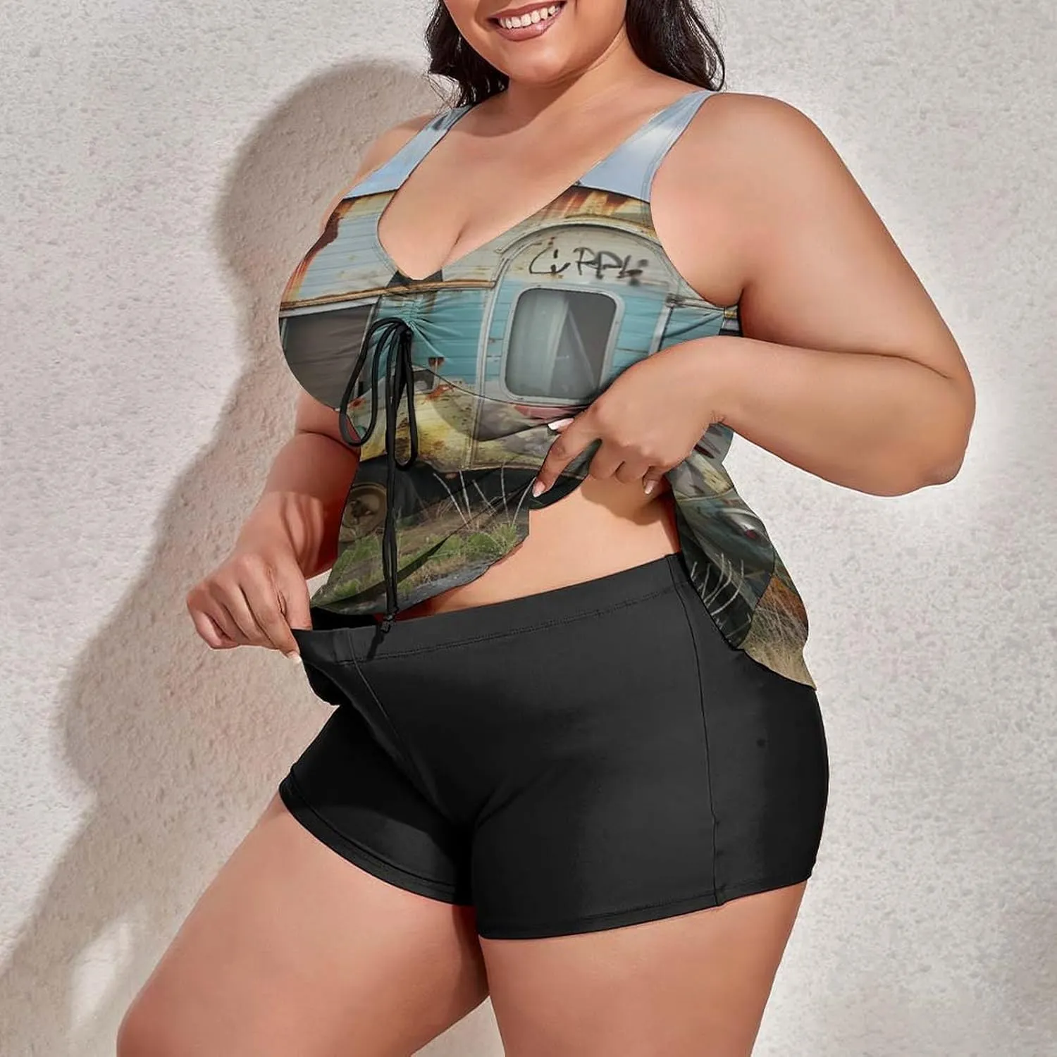 Women's Plus Size Tankini Swimsuits with Top/Boyshorts Camping Trailer Happy Campers Women's 2 Pieces Swimwear Tummy Control
