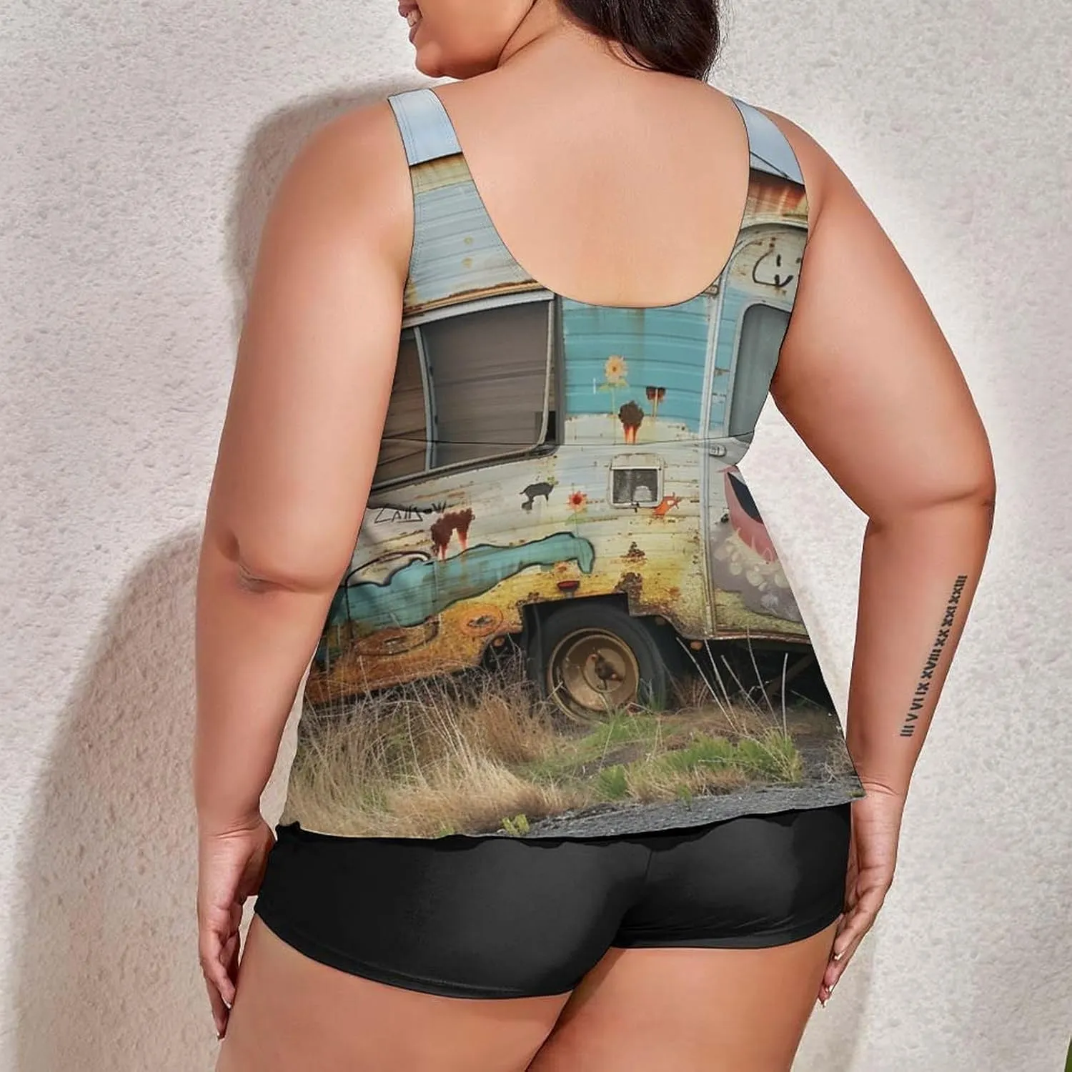 Women's Plus Size Tankini Swimsuits with Top/Boyshorts Camping Trailer Happy Campers Women's 2 Pieces Swimwear Tummy Control