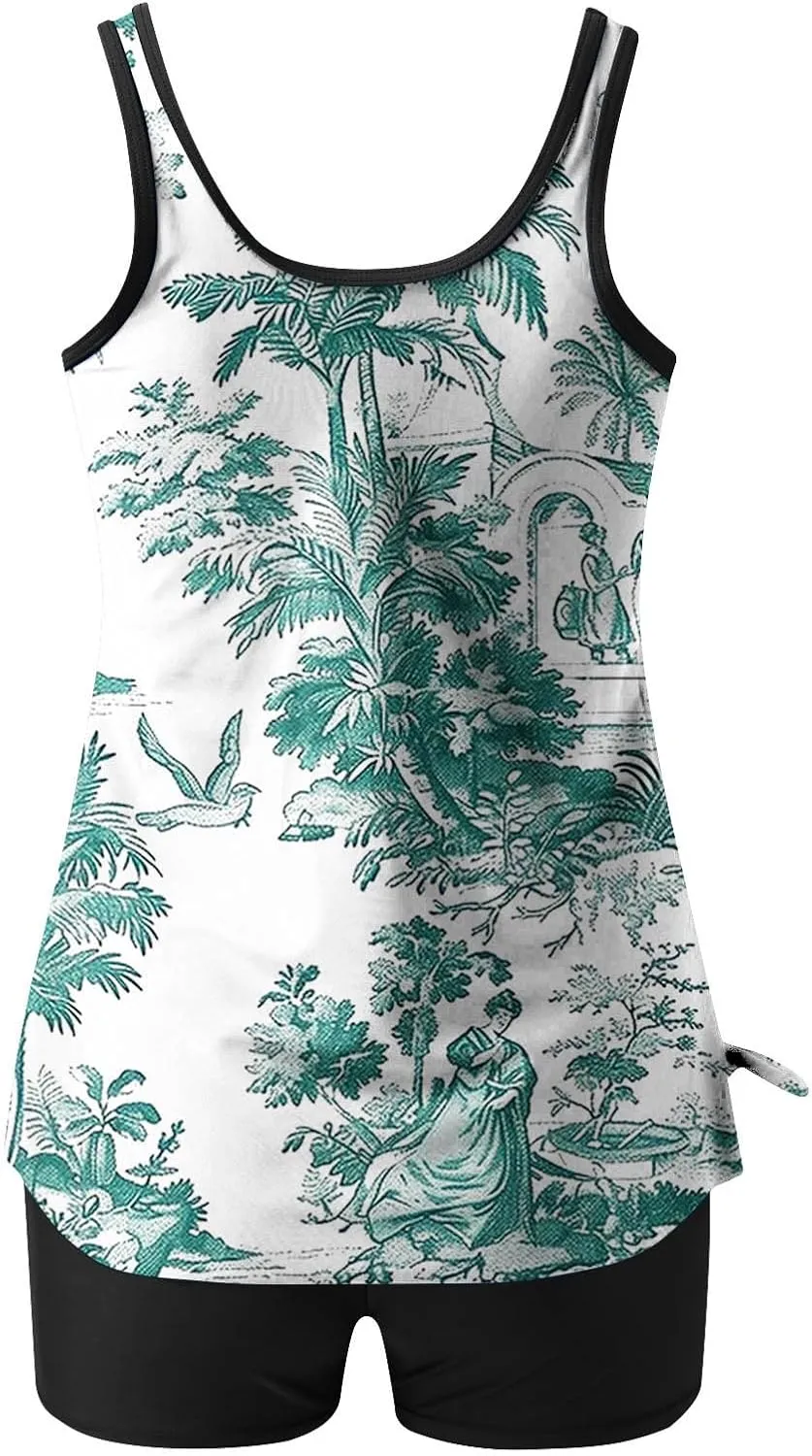 Womens Tankini Swimsuits 2025 Sports Tummy Control Printed Bathing Suits Two Piece Swimwear Tank Top with Shorts 2025