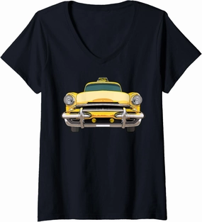 Womens Halloween Carnival Purim Yellow Taxi Cab Car Party Costume V-Neck T-Shirt