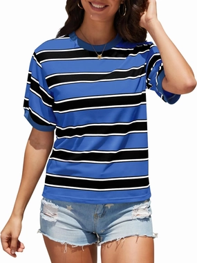 Womens Summer Tops Striped Color Block Short Sleeve T-Shirts Color Block Crewneck Casual Loose Basic Tee Blouses