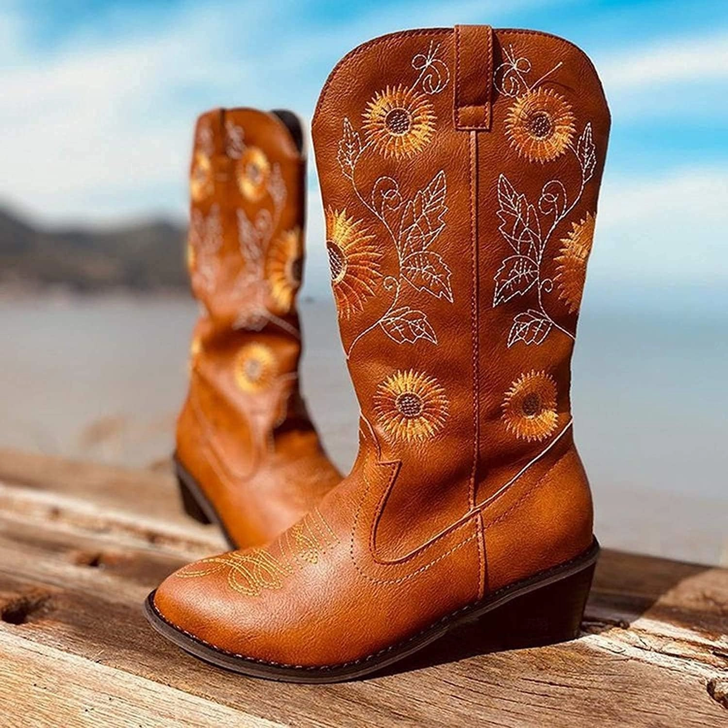 Womens Sunflower Embroidered Western Cowboy Boots Rider Boots, Vintage Pointed Toe Wedge Mid Calf Chunky Heel Work Boots
