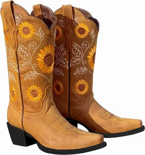 Womens Sunflower Embroidered Western Cowboy Boots Rider Boots, Vintage Pointed Toe Wedge Mid Calf Chunky Heel Work Boots