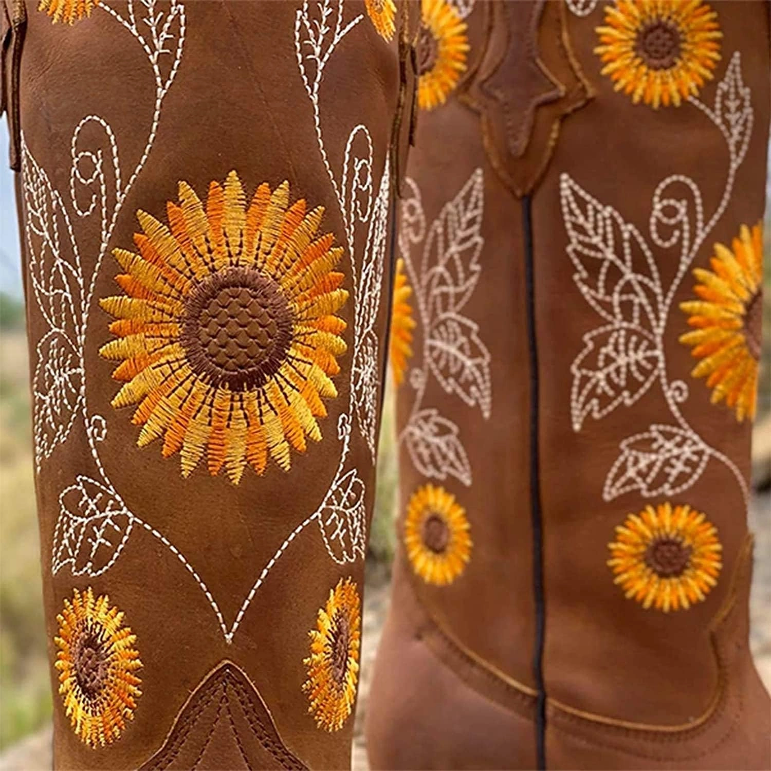 Womens Sunflower Embroidered Western Cowboy Boots Rider Boots, Vintage Pointed Toe Wedge Mid Calf Chunky Heel Work Boots