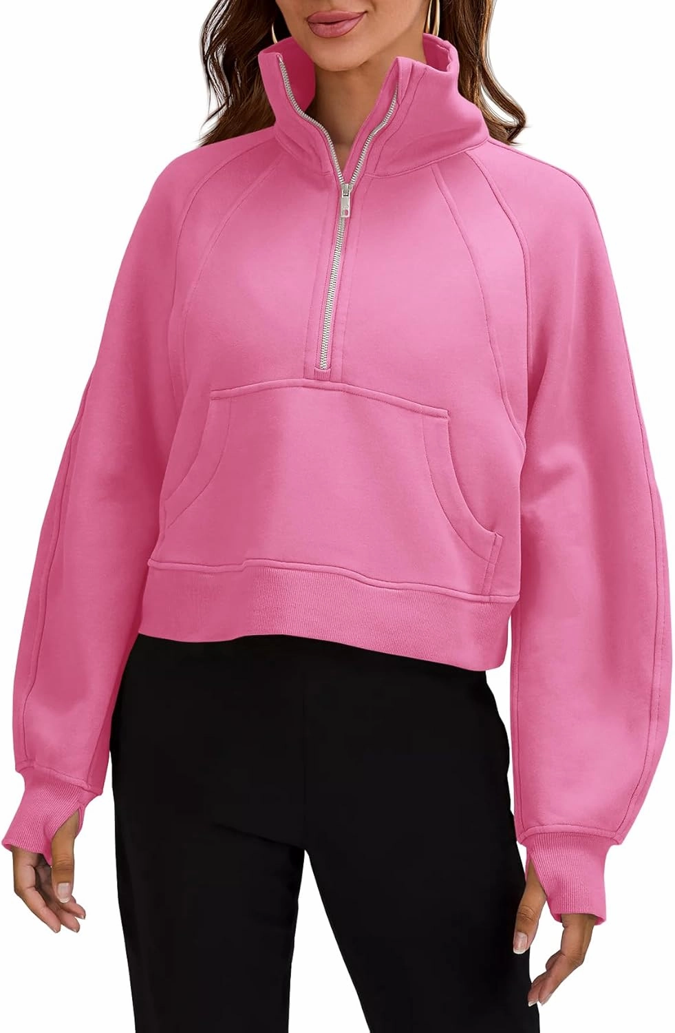 Womens Sweatshirts Half Zipper Crop Pullover Funnel Neck Fleece Lined Zip Up Long Sleeve Tops Thumb Hole