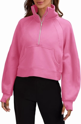 Womens Sweatshirts Half Zipper Crop Pullover Funnel Neck Fleece Lined Zip Up Long Sleeve Tops Thumb Hole