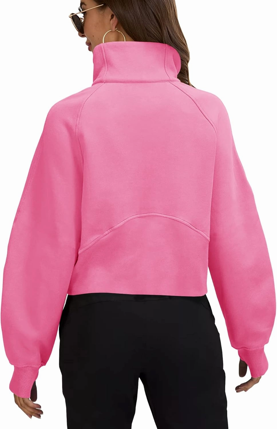 Womens Sweatshirts Half Zipper Crop Pullover Funnel Neck Fleece Lined Zip Up Long Sleeve Tops Thumb Hole