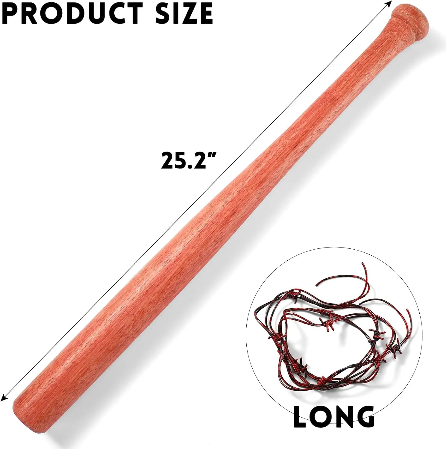 Wood Baseball Bat and Fake Barbed Wire Set, 25.2 Inch Wooden Ball Bat Wood Bats Plastic Barb Wire Decoration Prop for Halloween Cosplay Cowboy Party Decoration (Red Wire)