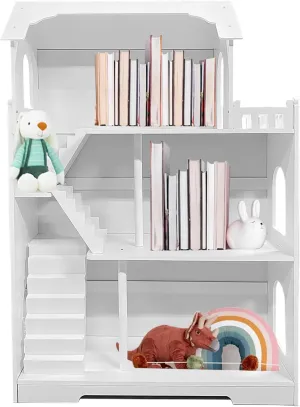 Wooden Dollhouse Bookshelf, 3-Tier Kids Dollhouse Bookcase for Books & Toys Storage Organizer Shelves, Large Doll House for Kids Rooms, Playroom, Nursery, Classroom Gift for Aged 3 