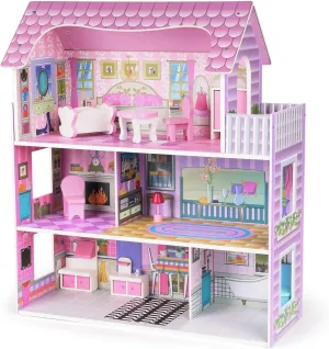 Wooden Dollhouse for Girls, 3-Story Doll House Playset with Furniture & Accessories, Large DIY Wooden Pink House for Kids, Pretend Play Dollhouse Kit, for Toddlers & Girls