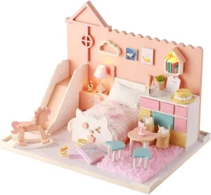 Wooden Dollhouse Kit Miniature Handicraft Assembly Model with LED Lights and Furniture Creative DIY Project for Teens and Adults 18x13.5x13.2cm