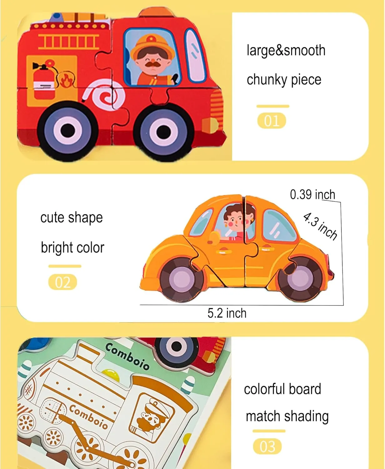 Wooden Puzzles for Toddlers 1-3 Years Old, Jumbo Base Vehicle Puzzles 2-4,Toddler Boys Toys Educational Blocks Birthday Gifts