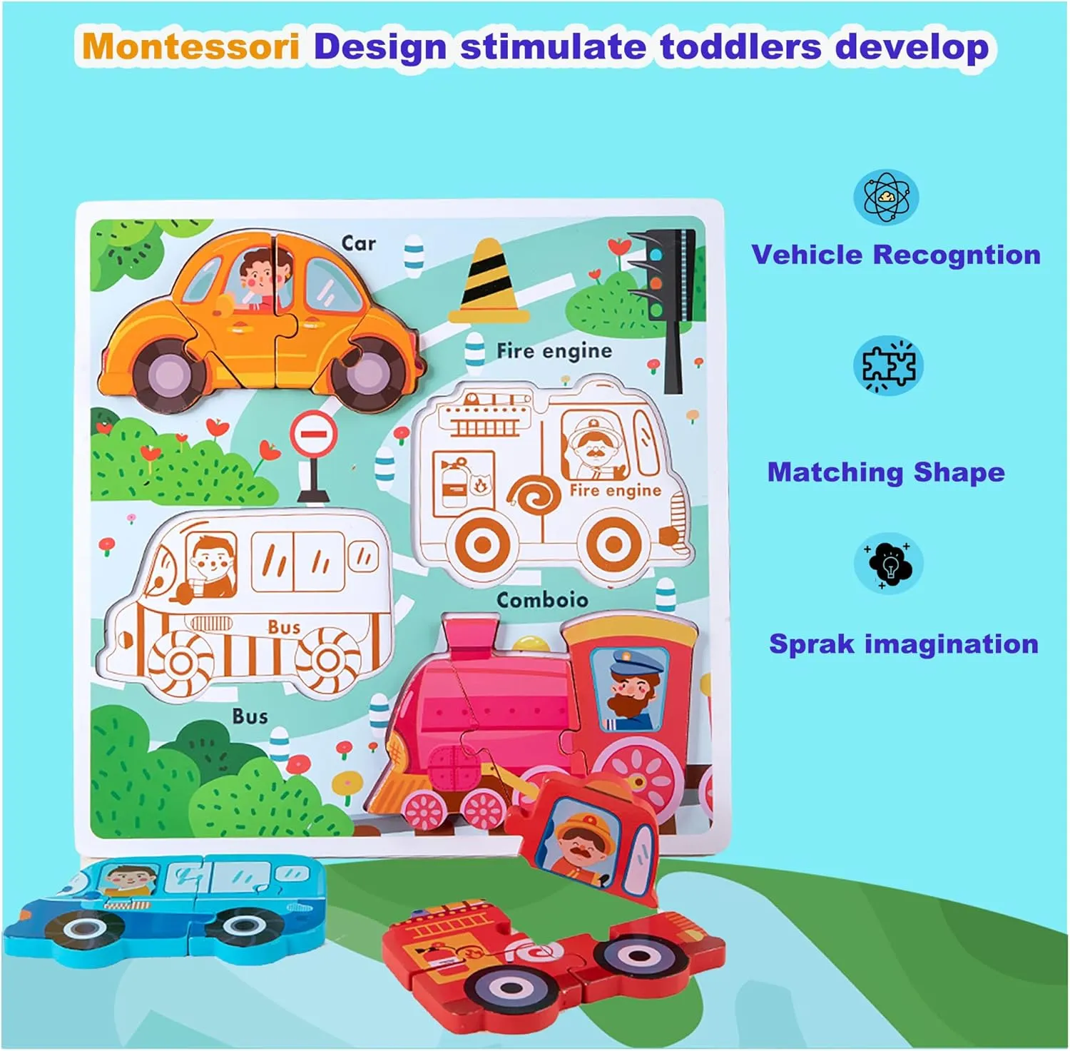 Wooden Puzzles for Toddlers 1-3 Years Old, Jumbo Base Vehicle Puzzles 2-4,Toddler Boys Toys Educational Blocks Birthday Gifts