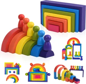 Wooden Toys, Montessori Toys for Kids 3 4 5 6 Years Old Boys Girls Rainbow Stacking Blocks Set Preschool Activites Educational Toy Gifts for Toddler-19PCS