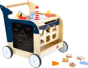 Wooden Whale Baby Walker by Small Foot – Classic 5-in-1 Activity Center - Interactive Toy with Shape Sorter, Puzzle Maze, Compass, Chalkboard - Develops Kids Coordination, Motor Skills –Age 12  months