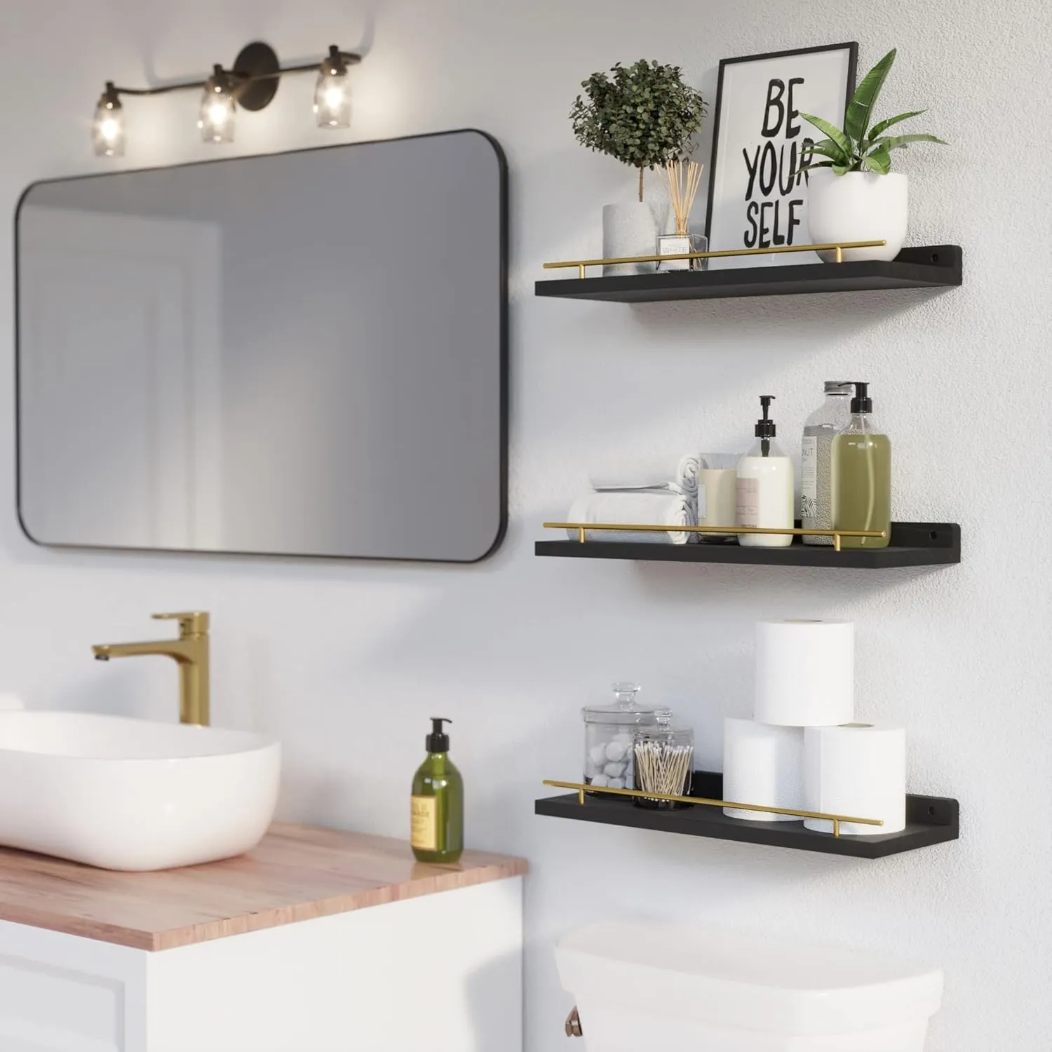 WOPITUES Floating Shelves with Gold Metal Guardrail, Shelves for Wall Decor Set of 3, Wall Shelves for Bedroom, Bathroom, Kitchen, Living Room, Plants, Picture Frames, Art- Black and Gold