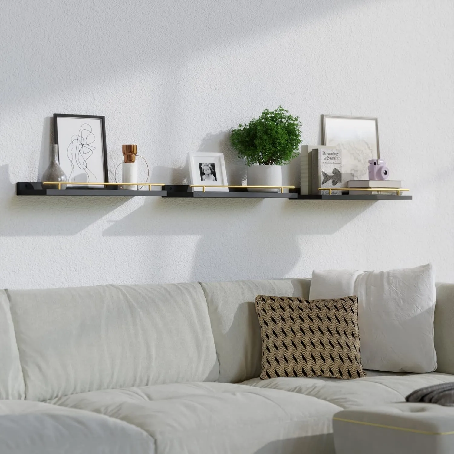 WOPITUES Floating Shelves with Gold Metal Guardrail, Shelves for Wall Decor Set of 3, Wall Shelves for Bedroom, Bathroom, Kitchen, Living Room, Plants, Picture Frames, Art- Black and Gold