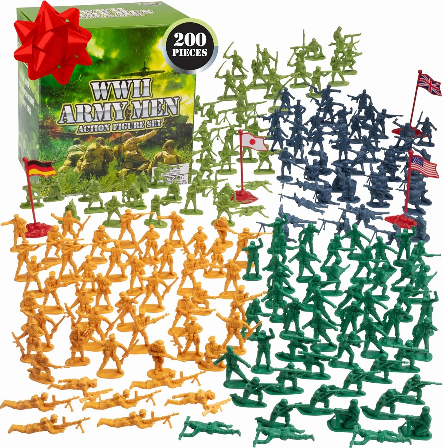 World War II Army Men Toy Action Figure Playset- 200pc Including Soldiers & Flags from The US, Great Britain, Germany & Japan Posed in Realistic Combat Positions- Gift Set for Kids & Collectors