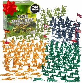 World War II Army Men Toy Action Figure Playset- 200pc Including Soldiers & Flags from The US, Great Britain, Germany & Japan Posed in Realistic Combat Positions- Gift Set for Kids & Collectors