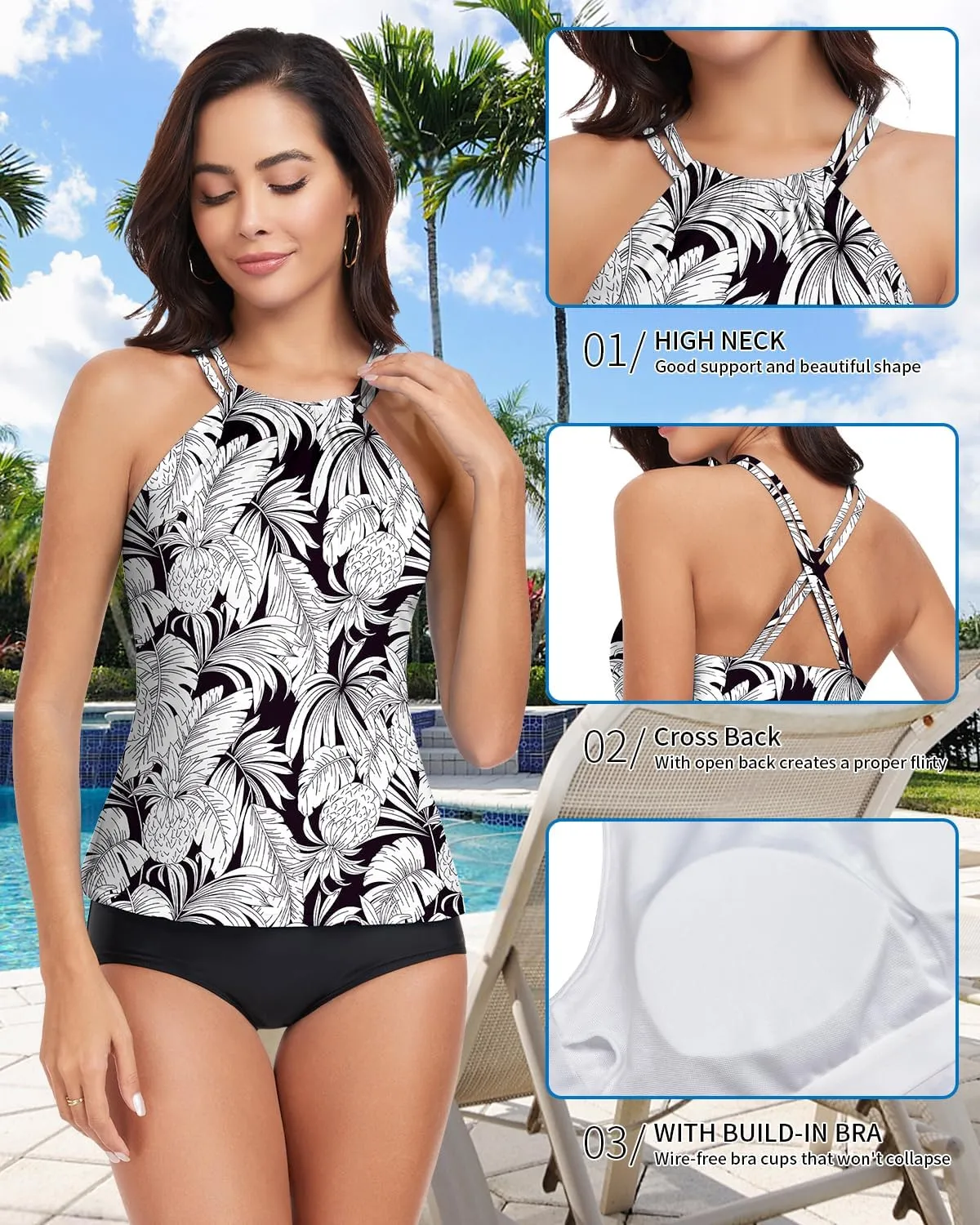 WOWENY Womens Swim Tankini Tops High Neck Bathing Suit Slim Fit Swim Tops UPF 50  Tummy Control Swimsuits No Bottom