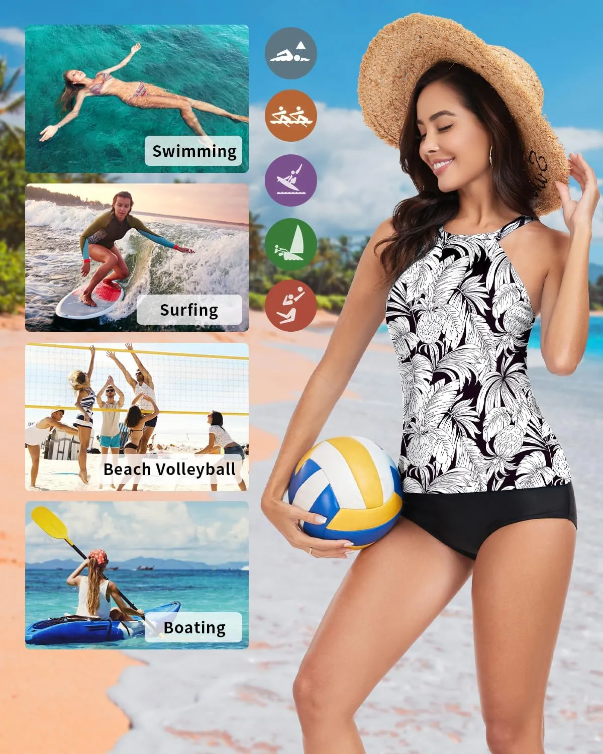 WOWENY Womens Swim Tankini Tops High Neck Bathing Suit Slim Fit Swim Tops UPF 50  Tummy Control Swimsuits No Bottom