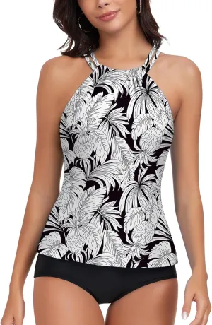 WOWENY Womens Swim Tankini Tops High Neck Bathing Suit Slim Fit Swim Tops UPF 50  Tummy Control Swimsuits No Bottom