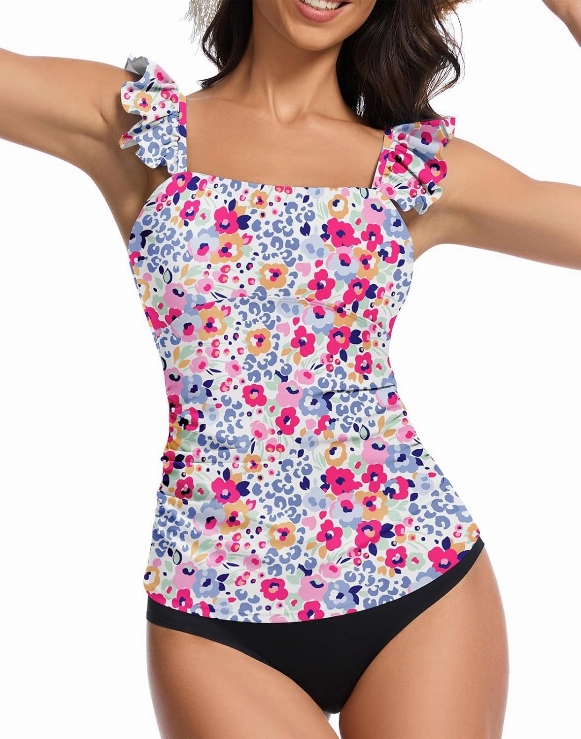 WOWENY Tankini Swimsuits for Women Ruched Tummy Control Bathing Suit Swimwear UPF 50  Ruffle Padded Tops Only No Bottom