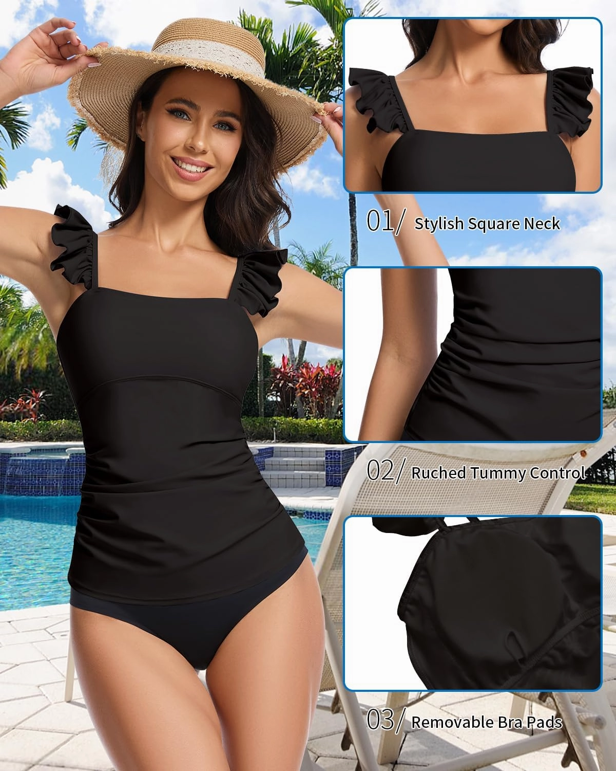 WOWENY Tankini Swimsuits for Women Ruched Tummy Control Bathing Suit Swimwear UPF 50  Ruffle Padded Tops Only No Bottom