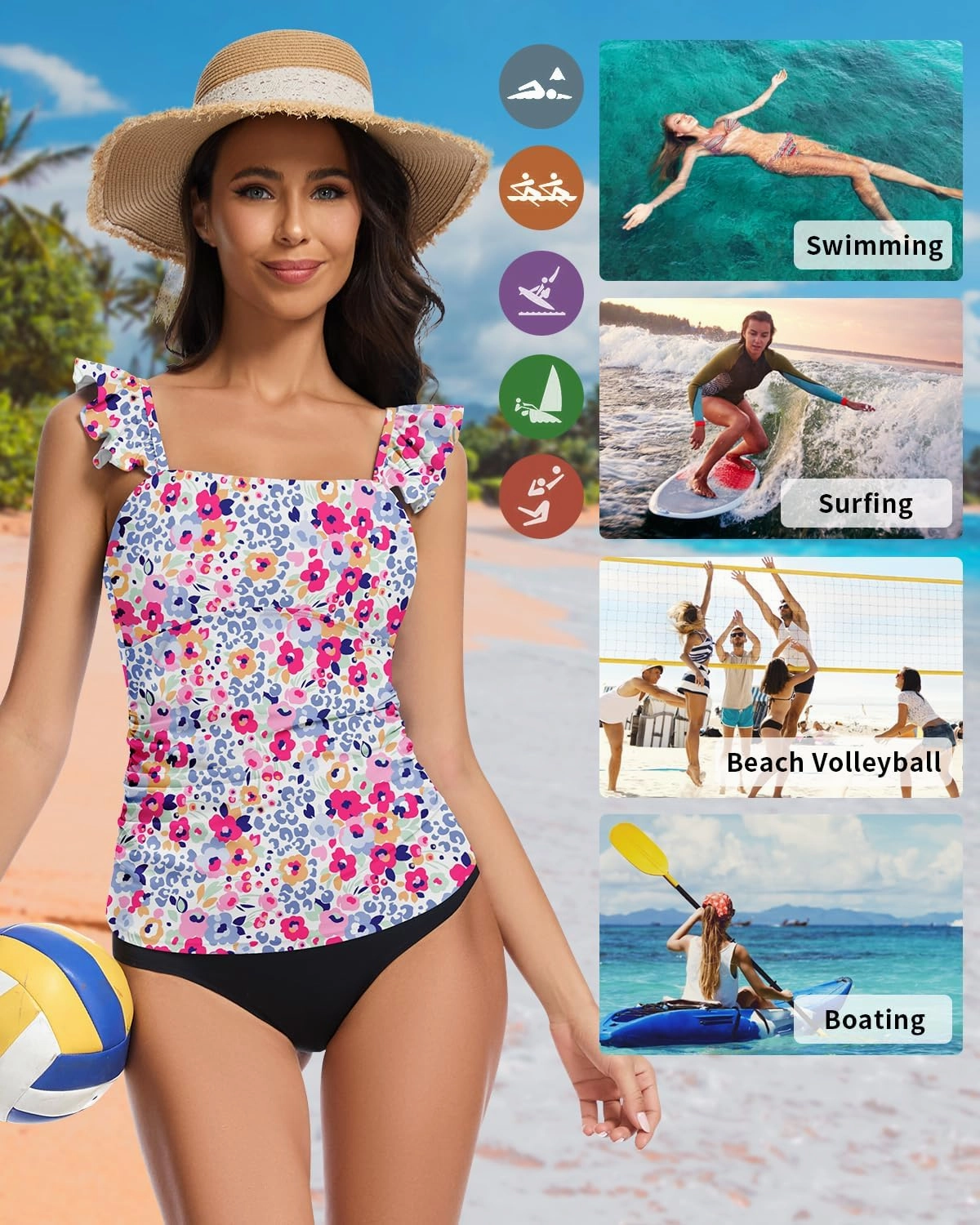 WOWENY Tankini Swimsuits for Women Ruched Tummy Control Bathing Suit Swimwear UPF 50  Ruffle Padded Tops Only No Bottom