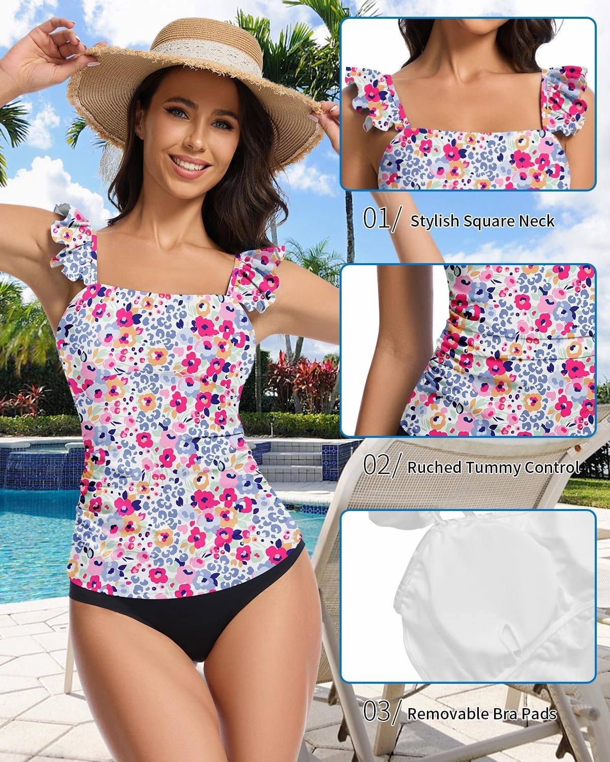 WOWENY Tankini Swimsuits for Women Ruched Tummy Control Bathing Suit Swimwear UPF 50  Ruffle Padded Tops Only No Bottom