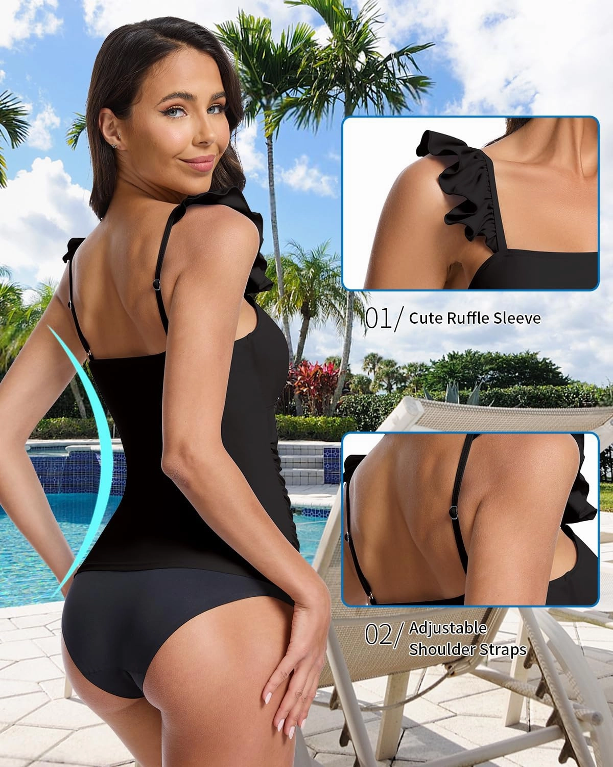 WOWENY Tankini Swimsuits for Women Ruched Tummy Control Bathing Suit Swimwear UPF 50  Ruffle Padded Tops Only No Bottom