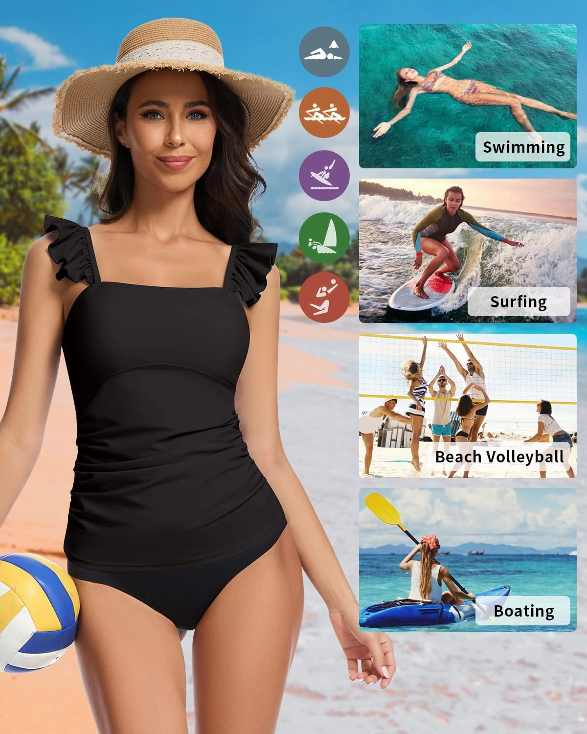WOWENY Tankini Swimsuits for Women Ruched Tummy Control Bathing Suit Swimwear UPF 50  Ruffle Padded Tops Only No Bottom
