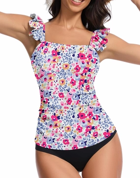 WOWENY Tankini Swimsuits for Women Ruched Tummy Control Bathing Suit Swimwear UPF 50  Ruffle Padded Tops Only No Bottom