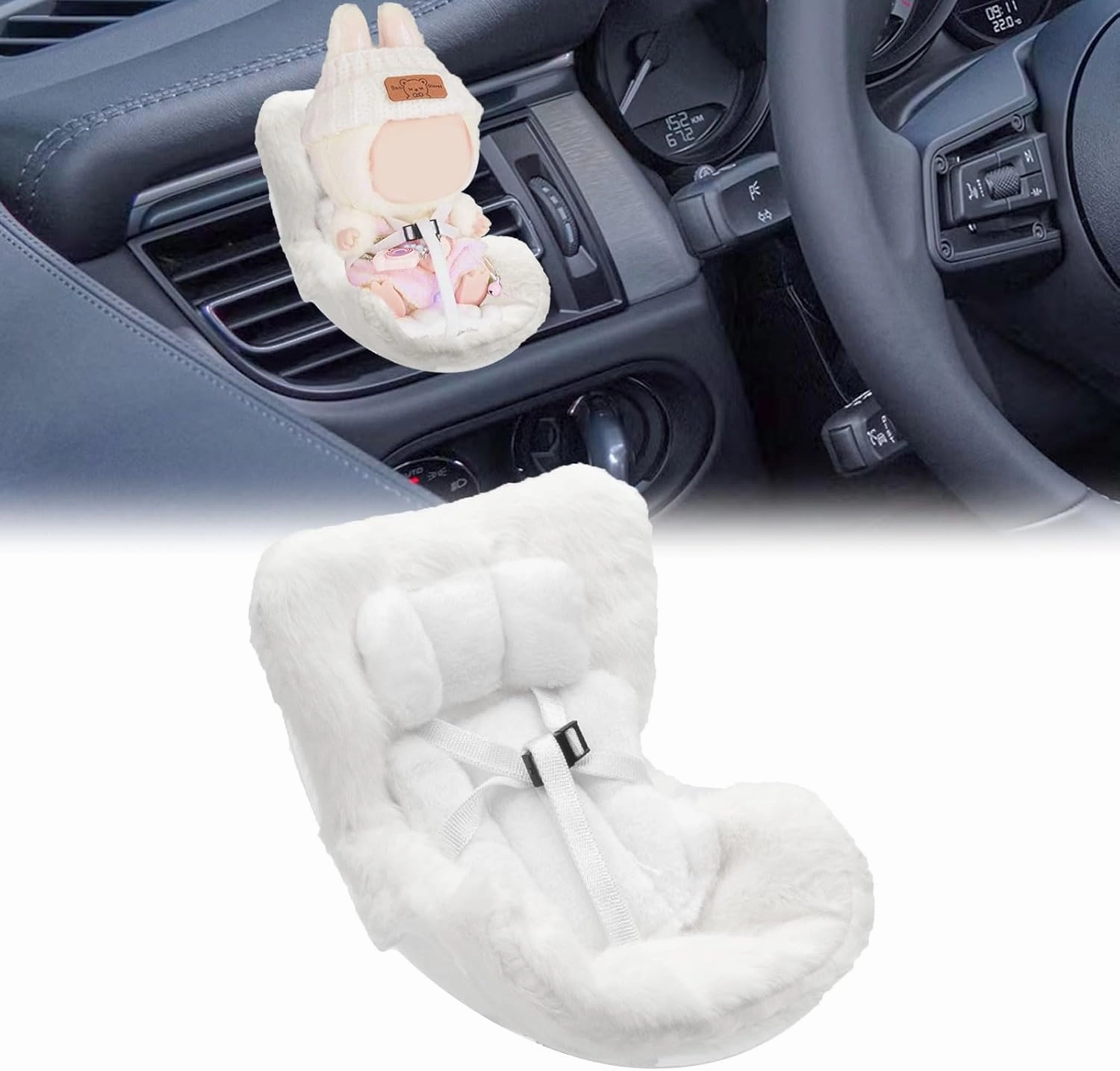 x xotic tech Car Seat for Dolls with Soft Furry Cushion, Cute Safety Seat Fresheners Clips onto Car Air Vent, Includes Seat Leg for Desktop Display, Car Ornament Decoration Accessories (White)