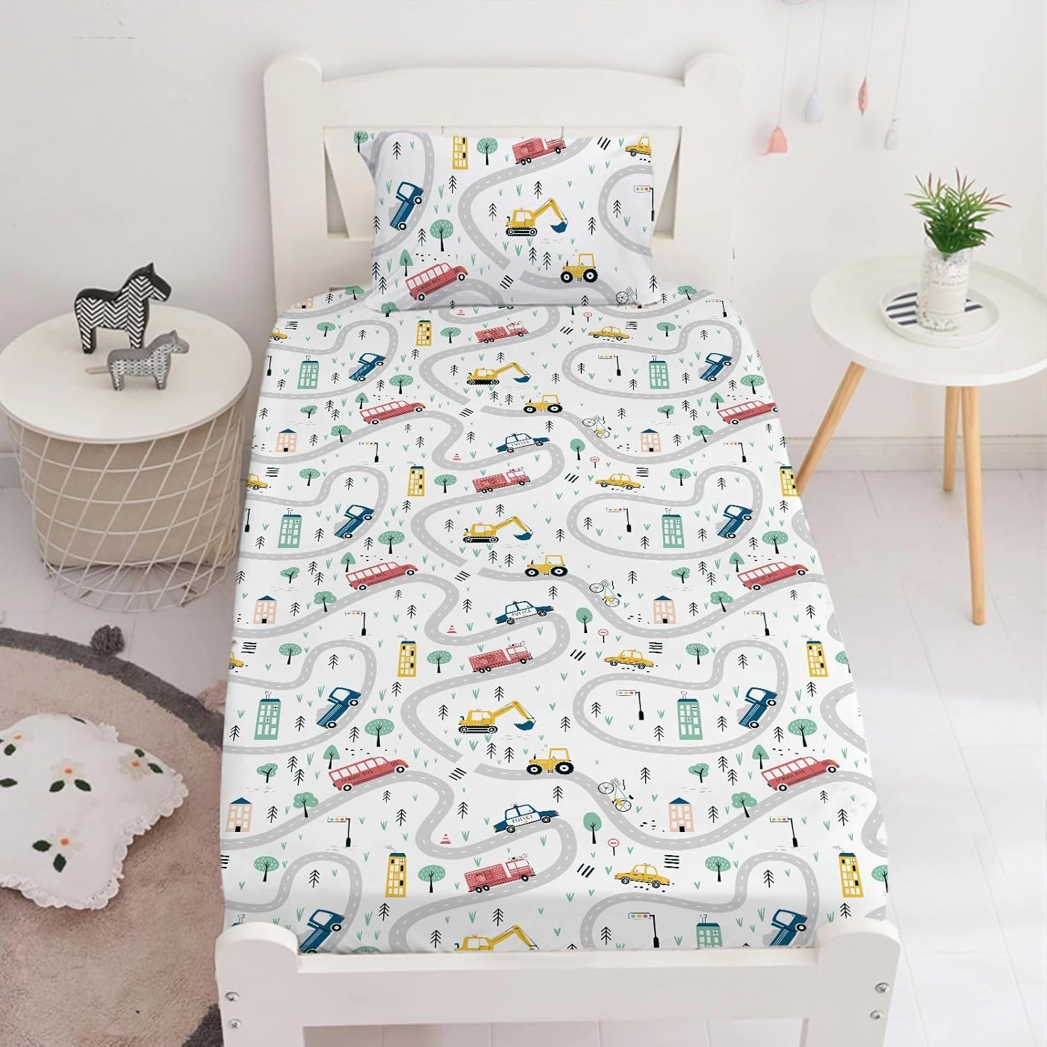 Yasida Twin Kids Fitted Sheets Road Traffic Themed Sheet and Pillowcases Set Cute Cartoon Truck Bed Boys Twin Sheet Set 2 Piece Bedding Decor Set（No Top Sheet）
