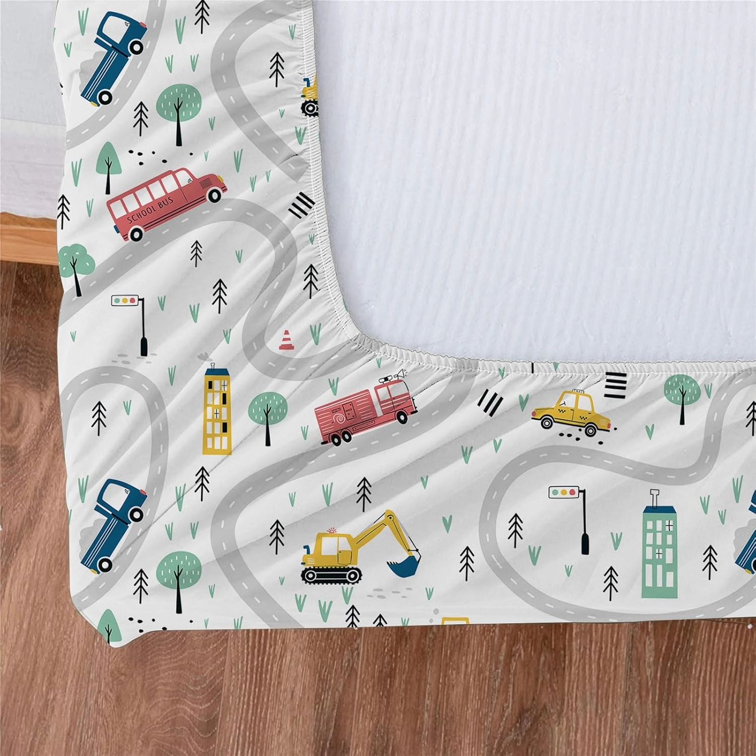Yasida Twin Kids Fitted Sheets Road Traffic Themed Sheet and Pillowcases Set Cute Cartoon Truck Bed Boys Twin Sheet Set 2 Piece Bedding Decor Set（No Top Sheet）