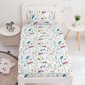Yasida Twin Kids Fitted Sheets Road Traffic Themed Sheet and Pillowcases Set Cute Cartoon Truck Bed Boys Twin Sheet Set 2 Piece Bedding Decor Set（No Top Sheet）