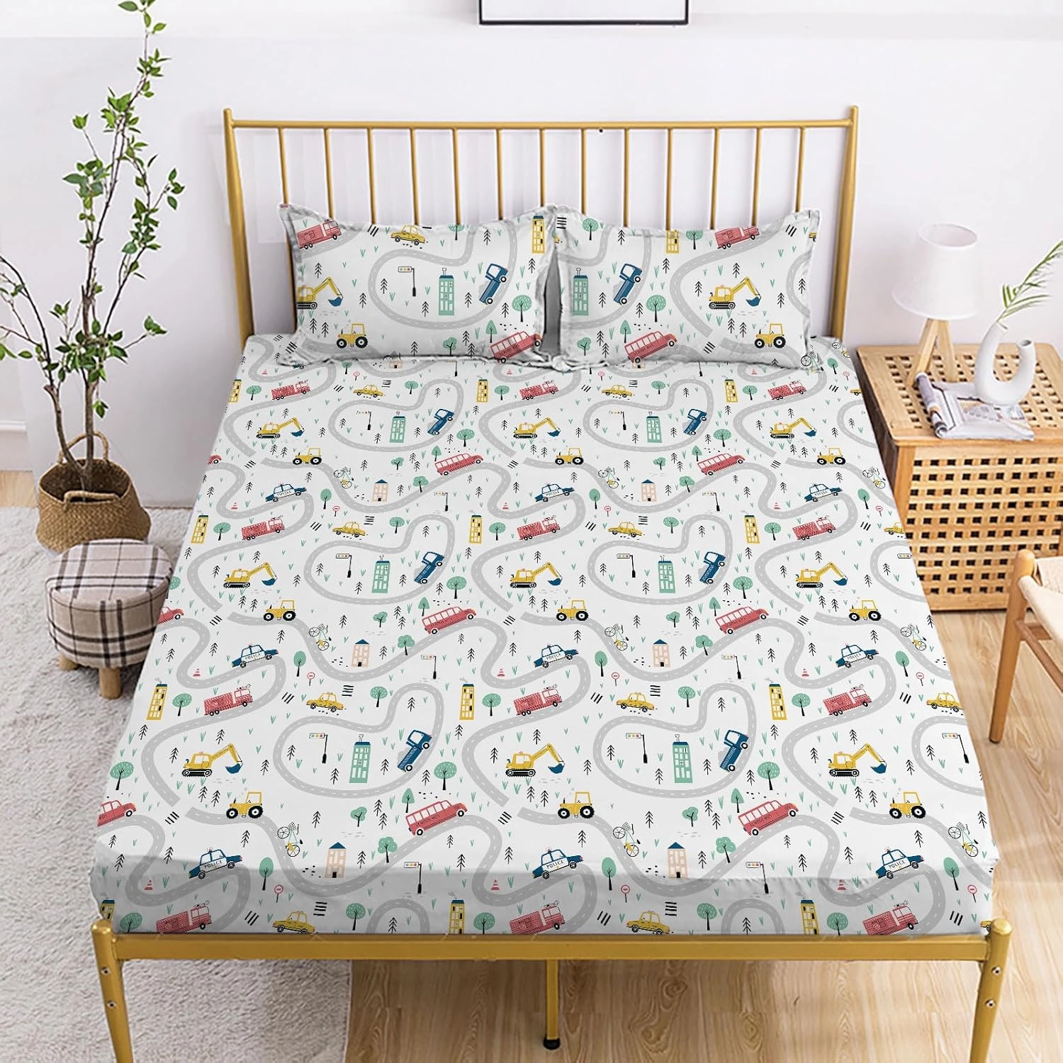 Yasida Twin Kids Fitted Sheets Road Traffic Themed Sheet and Pillowcases Set Cute Cartoon Truck Bed Boys Twin Sheet Set 2 Piece Bedding Decor Set（No Top Sheet）