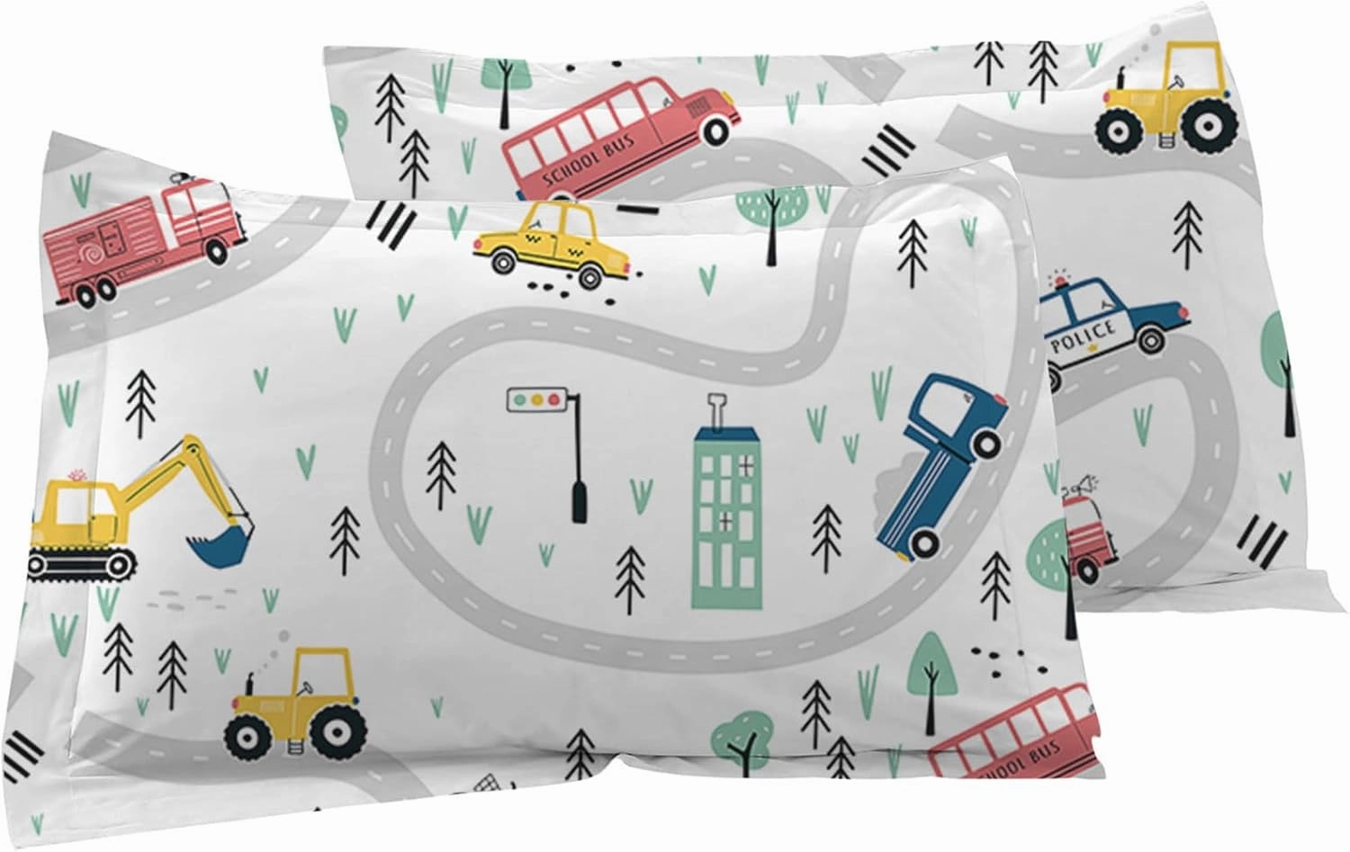 Yasida Twin Kids Fitted Sheets Road Traffic Themed Sheet and Pillowcases Set Cute Cartoon Truck Bed Boys Twin Sheet Set 2 Piece Bedding Decor Set（No Top Sheet）
