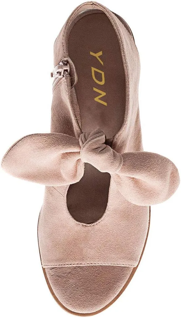 YDN Women's Cute Bowknots Peep Toe Low Metallic Chunky Heel Sandals Comfy Cutout Backless Slip On Booties Shoes With Zipper