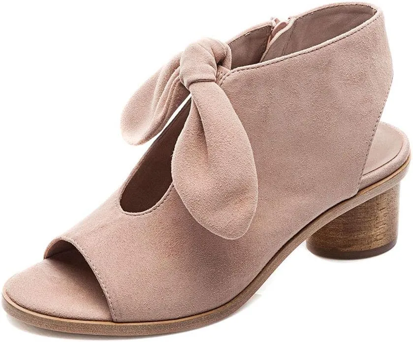 YDN Women's Cute Bowknots Peep Toe Low Metallic Chunky Heel Sandals Comfy Cutout Backless Slip On Booties Shoes With Zipper