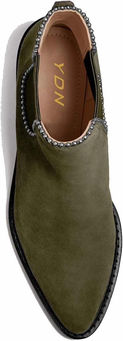 YDN Women Classic Stacked Block Low Heel Chelsea Boots Pointed Toe Studs Pull On Booties Elastic Winter Shoes