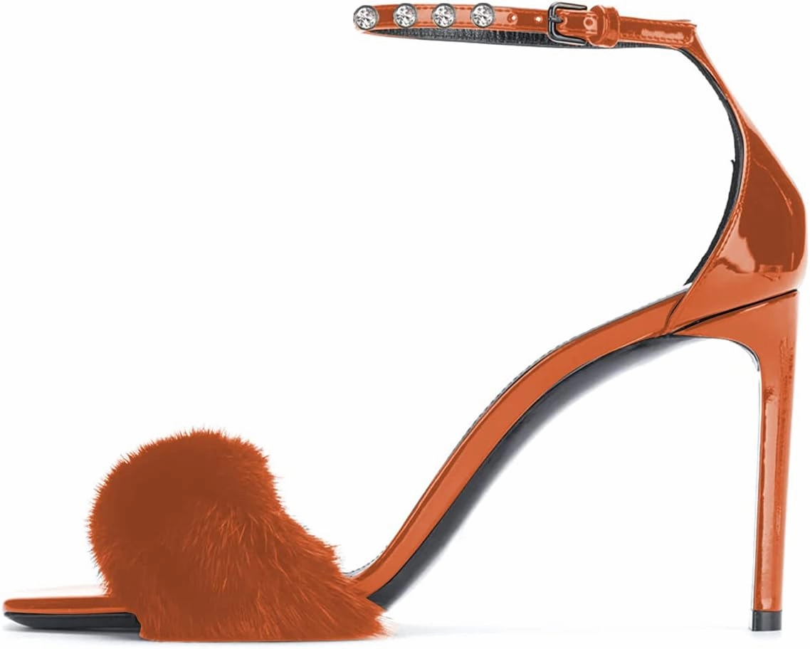 YDN Women Sexy Stiletto High Heel Sandals Open Toe Ankle Strap Feather Wedding Dress Shoes With Rhinestone