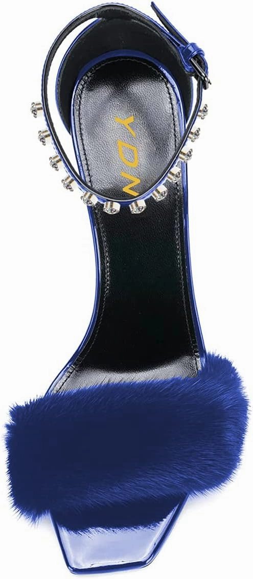 YDN Women Sexy Stiletto High Heel Sandals Open Toe Ankle Strap Feather Wedding Dress Shoes With Rhinestone