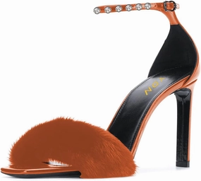 YDN Women Sexy Stiletto High Heel Sandals Open Toe Ankle Strap Feather Wedding Dress Shoes With Rhinestone