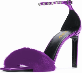 YDN Women Sexy Stiletto High Heel Sandals Open Toe Ankle Strap Feather Wedding Dress Shoes With Rhinestone