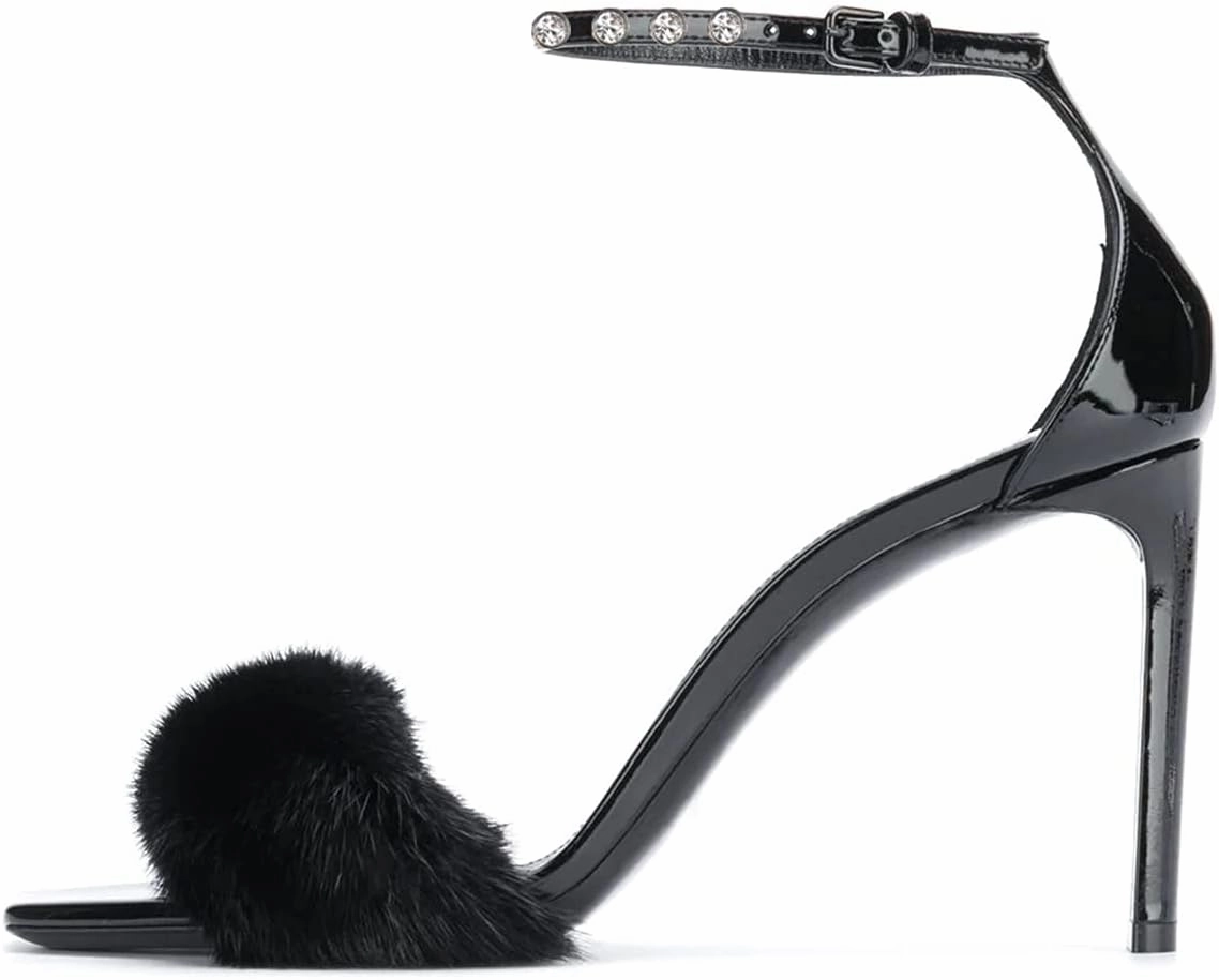 YDN Women Sexy Stiletto High Heel Sandals Open Toe Ankle Strap Feather Wedding Dress Shoes With Rhinestone